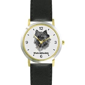 Cairn Terrier (SC) Dog - WATCHBUDDY� DESIGNER DELUXE TWO-TONE THEME WATCH - Arabic Numbers-EVENING TWILIGHT STYLE - Gray Dial with Black Leather Strap-Women's Size-Small