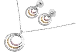 Sterling Silver Necklace and Earrings Set - Clear, Pink and Yellow Topaz CZ