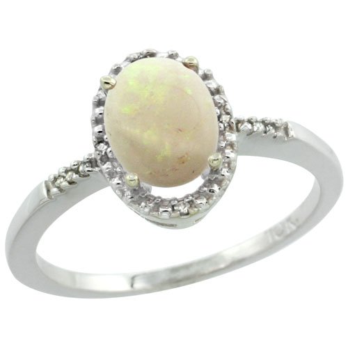 14k White Gold ( 8x6 mm ) Halo Engagement Opal Ring w/ 0.033 Carat Brilliant Cut Diamonds & 0.70 Carats Oval Cut Stone, 3/8 in. (10mm) wide, size 5.5