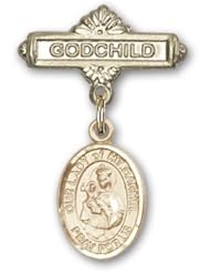 Gold Filled Baby Badge with Our Lady of Mount Carmel Charm and Godchild Badge Pin