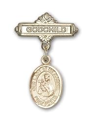 14K Gold Baby Badge with Our Lady of Mount Carmel Charm and Godchild Badge Pin