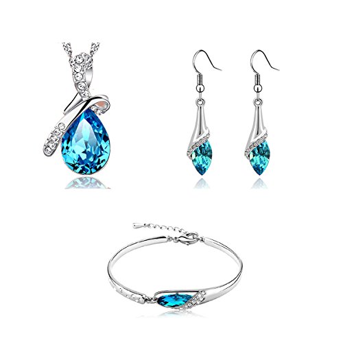 SmallDragon Women's Swarovski Elements Crystal Light Blue Teardrop Earrings Necklace Bracelet Jewelry Set