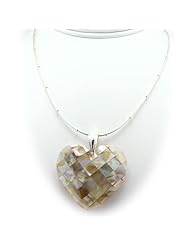 Mother of Pearl Mosaic Shell Heart Gemstone Pendant Sterling Silver Omega Chain Necklace Italy 18 Inch