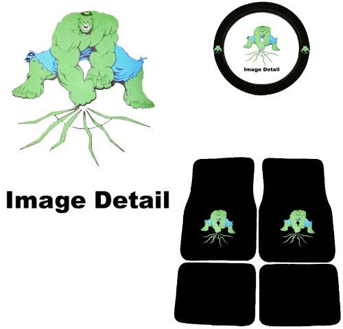  The Incredible Hulk Marvel Comics Logo Front & Rear Seat Car Truck SUV Carpet Floor Mats w/ Steering Wheel Cover - 5PC