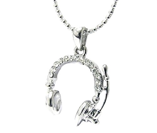 Headphone Charm Necklace C22 Clear Crystal Headset Silver Tone