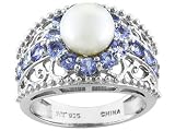 1.24CTW TANZANITE AND 8MM NATURAL WHITE CULTURED FRESHWATER PEARL STERLING SILVER FILIGREE RING