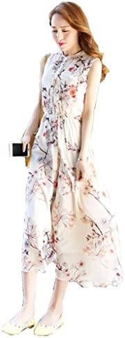 Women's Elegant Sleeveless Boho Bohemian Chiffon Summer Beach Long Maxi Dress White