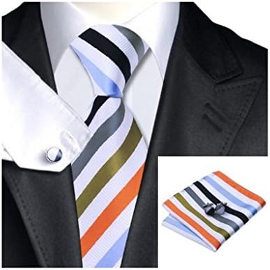 Men's Jacquard Woven Silk White Orange Black Gray Brown Stripes Tie Hanky Cufflinks Sets