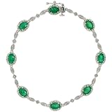 10k White Gold 7" Stone Bracelet, w/ 3.70 Total Carat Oval Cut (6x4mm) Emerald Stones & Brilliant Cut Diamonds, 1/4" (6.5mm) wide