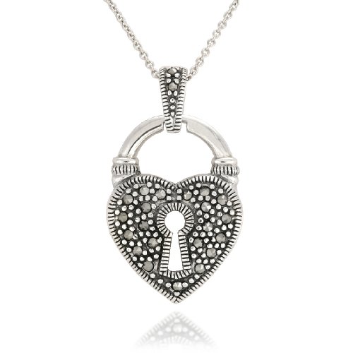 Sterling Silver Marcasite Heart Lock Pendant, 18″