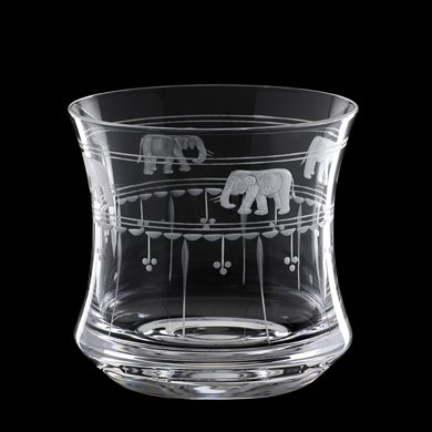 Grehom Crystal Whisky Glass - Elephant & Olives; Hand Etched Whisky Glasses; Mouth Blown Crystal Glasses; Beautiful Fathers Day Gift delivered with handprinted cotton serviette