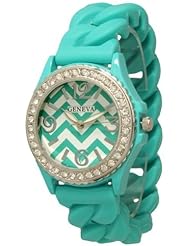Womens Geneva Rhinestone-accented Braided Silicone Stretch Watch Chevron Design - Aqua