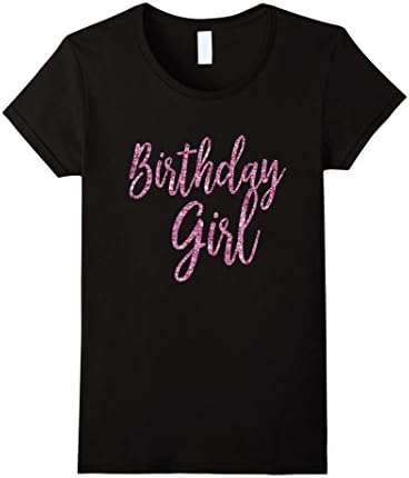 Women's Birthday Girl Shirt Trendy Script Sparkly Light Pink Glitter Large Black