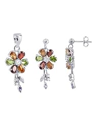 Sterling Silver Multicolor Floral Gemstone Post Back Finding Stud 11mm x 21mm Earring and Pendant Jewelry Set