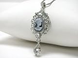 Beautiful Blue Cameo Framed Ornate Necklace with Ice Crystals and Large Crystal Accent Silver Tone