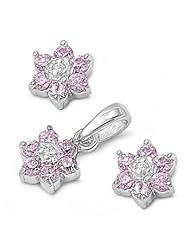Sterling Silver Pink CZ Flower Earring & Necklace Set