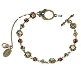 Michal Negrin Fancy Bracelet Designed with Beaded Flower Details, Accented with Brown, Blue and Beige Swarovski Crystals; Victorian Elegance - Special Ordered and Shipped by Genuvo within 2 to 3 Weeks