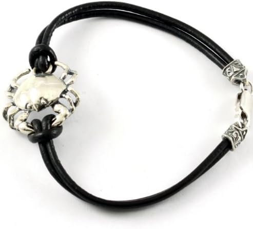 Sterling Silver Cancer Crab Black Leather Bracelet