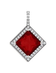 18K White Gold 8.00x8.00mm Princess Cut Chatham Created Ruby and Diamond Pendant