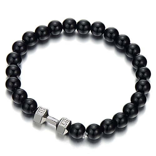 Mens Boys 8MM Black Onyx Bead Bracelet with Barbell Dumbbell, Prayer Mala