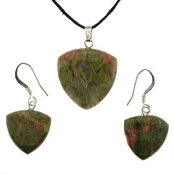 Unakite Trillion Shaped Pendant and Earrings Set - Pendant - 22mm, Earrings - 16mm - Adjustable Cord Necklace