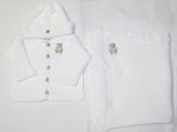 Knitted on Hand Knitting Machine White Chenille Finished By Hand Crochet Infant Boys and Girls Cardigan Hat Set Trimmed with Teddy Bear Patch and Matching Large 32 Inch By 46 Inch Blanket