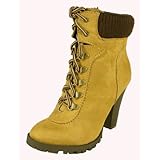 Rouge! By Soda Cute Military-style Combat Inspired Lace-up Ankle Bootie with Stacked Chunky Heels, chamois faux suede, 7.5 M