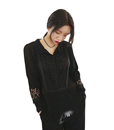 【 UN ANANAS 】 レース シースルー フリル ブラウス ブラック エレガント レディース 韓国 スタイル トップス 春