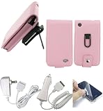 3n1 Combo Apple iPhone - Pink Premium Leather Flip Case with Removable Video Stand Rotating Belt Clip - Bundled with Screen Protector, 12v Rapid Premium Car Charger and Home Travel Wall AC Adapter Charger (Not Compatible with 1st Generation iPhone)