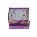 Ravel - R2208 - Montre Enfant - Quartz analogique - Ecran blanc - Bracelet rose avec des petites pierres - Collier et Breloque - Jolie Boîte de Présentation