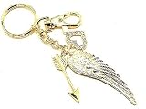Gorgeous Angel Wing, Crystal Heart & Cupid Arrow Charm Key Chain Gold Tone