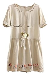 Pleated Embroidered Linen General Print  Dress
