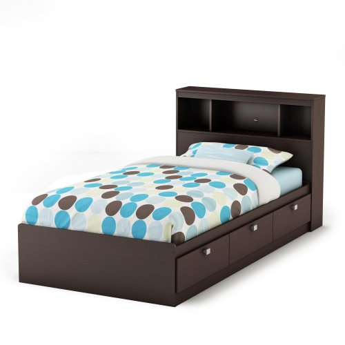 South Shore Cakao Mates Twin Captain's Bed with Bookcase Headboard in Chocolate Finish On Sale