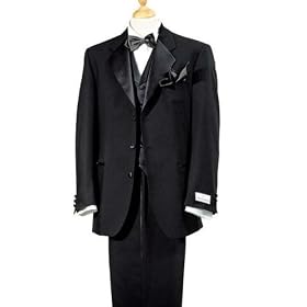 MENS 3 (THREE) BUTTONS BLACK TUXEDO SUIT; Satin lapels, Single-breasted, Double besom pockets, Satin covered buttons, Non-vented back, Made in Italy Super 150's Wool Tuxedo Jacket + Pant + Shirt + Bow Tie + Vest