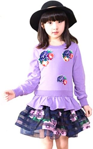 ASL Girl's Floral Print Yarn Stitching Long Sleeve Striped Shirts 8-9T purple