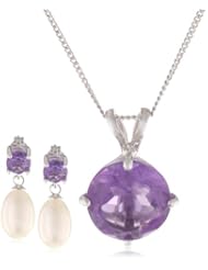 5-8mm Round Amethyst Sterling Silver and Freshwater Cultured Pearl White Jewelry Set