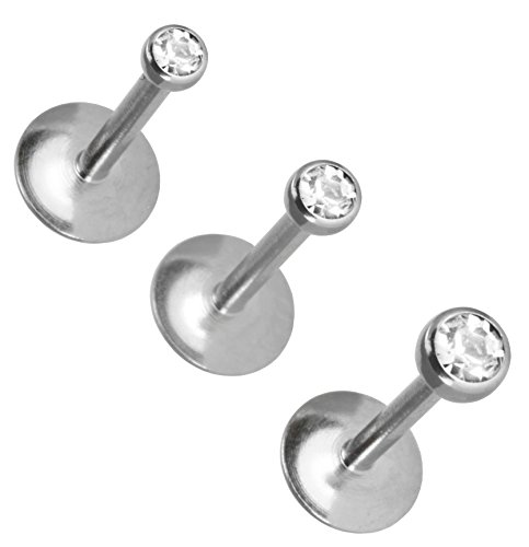 Pack of 3-18g or 16g Clear Jeweled Triple Forward Helix Piercing Jewelry Lip Labret Studs Earrings Set