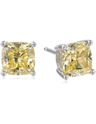 Platinum Plated Sterling Silver Cushion Cut Canary Yellow Cubic Zirconia Stud Earrings