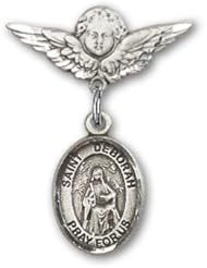 Sterling Silver Baby Badge with St. Deborah Charm and Angel with Wings Badge Pin