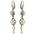 Michal Negrin Beautiful Dangle Earrings with Hand-Painted Flowers, Roses, Faux Pearl and Aurora Borealis Swarovski Crystals; Hypoallergenic