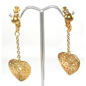 Beautiful 24k Yellow Gold Layered GL Long Filigree Hearts Drop Dangle CLIP-ON Earrings - Lifetime...
