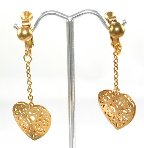 Beautiful 24k Yellow Gold Layered GL Long Filigree Hearts Drop Dangle CLIP-ON Earrings - Lifetime Warranty! Comes Gift Boxed