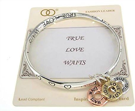 Silver-tone "True Love Waits" Message Inspirational Theme Twist Style Bangle Bracelet with 3-Tone Charms W/Gift Box