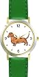 Dachshund (Shorthaired) Dog - WATCHBUDDY&reg; DELUXE TWO-TONE THEME WATCH - Arabic Numbers - Green Leather Strap-Children's Size-Small ( Boy's Size & Girl's Size )