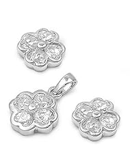 Sterling Silver Plumeria Nature Flower Pendant Necklace and Earrings Jewelry Set with Clear CZ