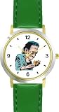 Frankenstein with Flower - WATCHBUDDY&reg; DELUXE TWO-TONE THEME WATCH - Arabic Numbers - Green Leather Strap-Size-Large ( Men's Size or Jumbo Women's Size )