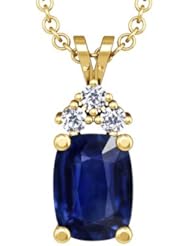 18K Yellow Gold Cushion Cut Blue Sapphire And Round Diamond Pendant
