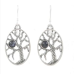 Oval Tree of Life and Iolite Gemstone Bead Dangle Earrings in Sterling Silver , #8039
