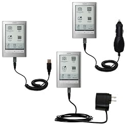 USB cable with Car and Wall Charger Deluxe Kit for the Sony PRS-600 Reader Touch Edition - uses Gomadic TipExchange Technology