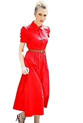 Short Sleeves Elasticized   Waistline Vintage Belted  Shirt  Dress